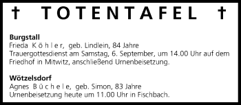 Anzeige von Totentafel, vom 04.09.2014 von MGO