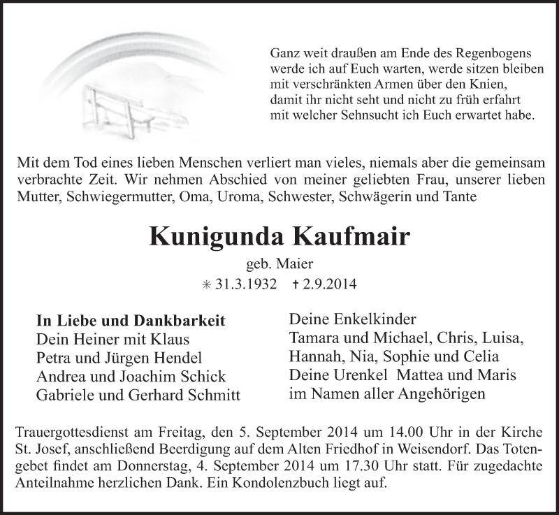  Traueranzeige für Kunigunda Kaufmair vom 04.09.2014 aus MGO