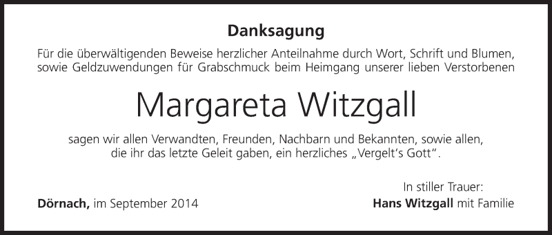  Traueranzeige für Margareta Witzgall vom 06.09.2014 aus MGO