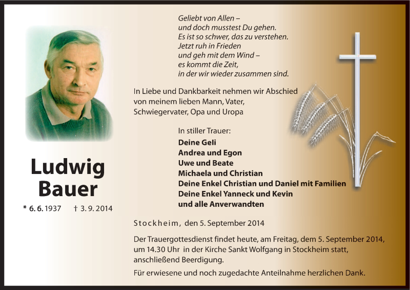  Traueranzeige für Ludwig Bauer vom 05.09.2014 aus MGO