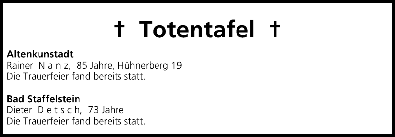  Traueranzeige für Totentafel vom 05.09.2014 vom 05.09.2014 aus MGO