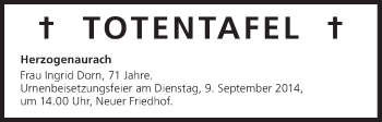 Anzeige von Totentafel vom 05.09.2014 von MGO