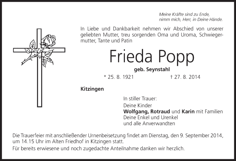  Traueranzeige für Frieda Popp vom 06.09.2014 aus MGO