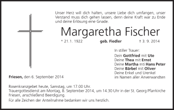 Anzeige von Margaretha Fischer von MGO