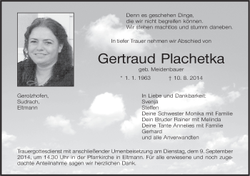 Anzeige von Gertraud Plachetka von MGO