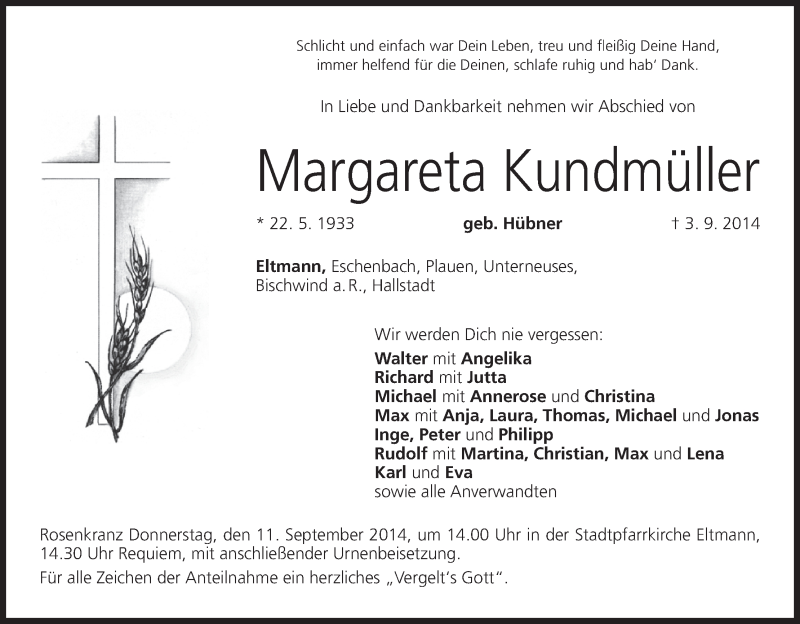  Traueranzeige für Margareta Kundmüller vom 09.09.2014 aus MGO