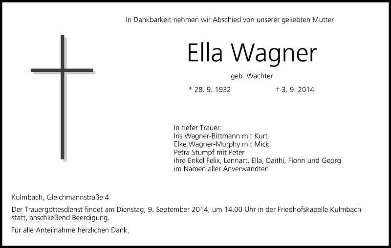  Traueranzeige für Ella Wagner vom 06.09.2014 aus MGO
