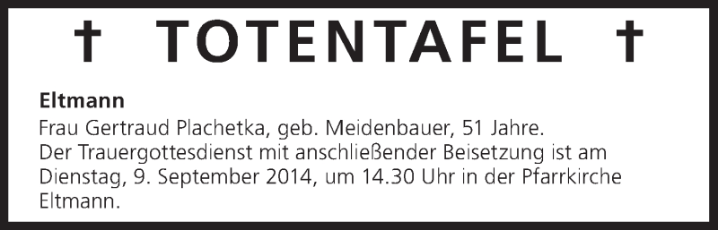  Traueranzeige für Totentafel vom 06.09.2014 vom 06.09.2014 aus MGO