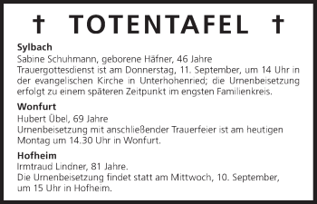 Anzeige von Totentafel vom 08.09.2014 von MGO