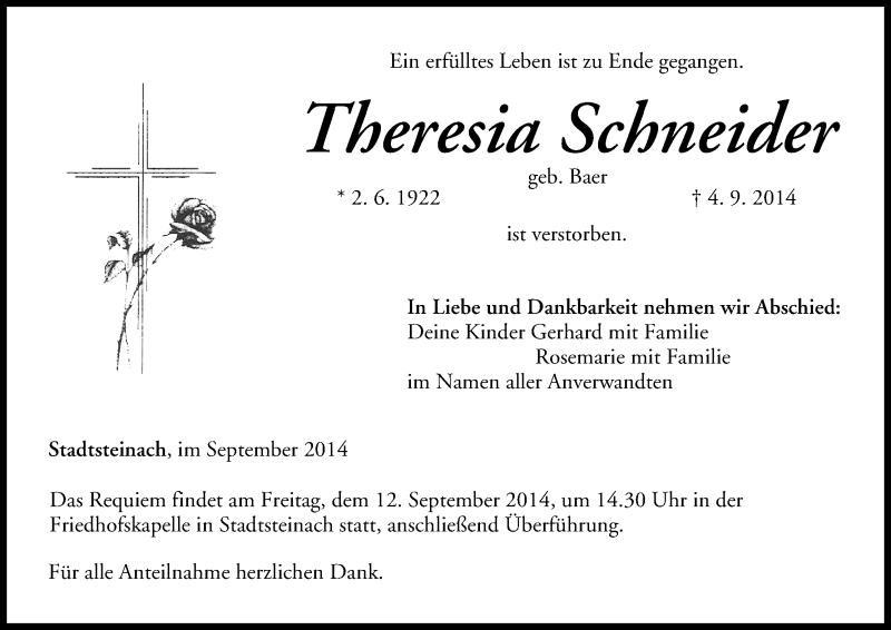  Traueranzeige für Theresia Schneider vom 10.09.2014 aus MGO
