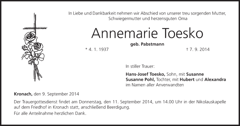  Traueranzeige für Annemarie Toesko vom 09.09.2014 aus MGO