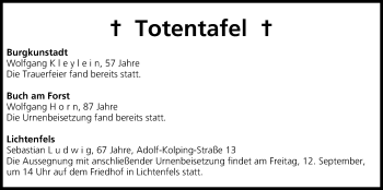 Anzeige von Totentafel 09.09.2014 von MGO
