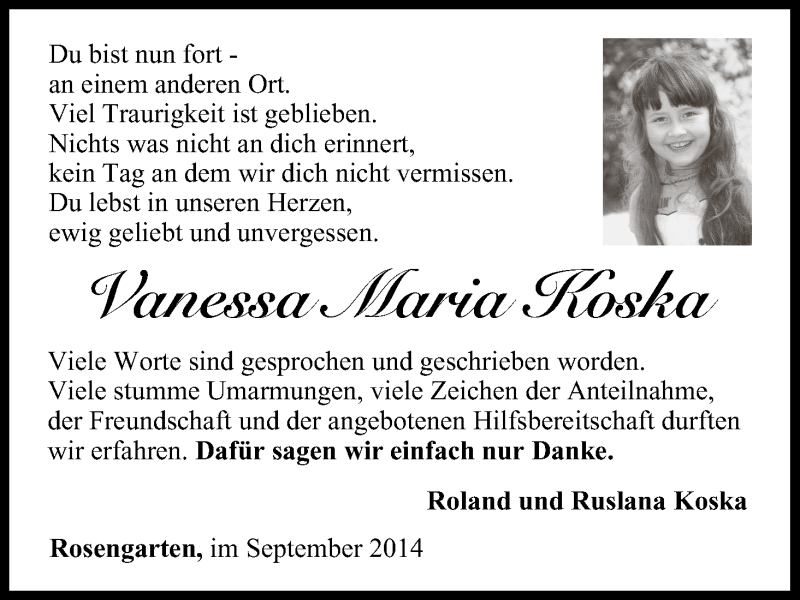  Traueranzeige für Vanessa Maria Koska vom 10.09.2014 aus MGO