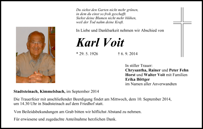  Traueranzeige für Karl Voit vom 09.09.2014 aus MGO