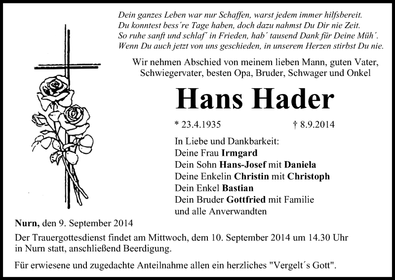  Traueranzeige für Hans Hader vom 09.09.2014 aus MGO