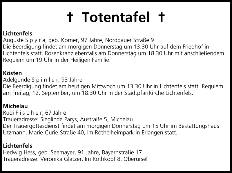 Traueranzeige für Totentafel 10.09.2014 vom 10.09.2014 aus MGO