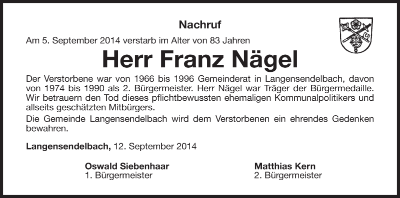  Traueranzeige für Franz Nägel vom 10.09.2014 aus MGO