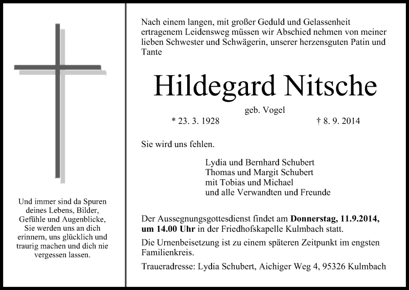  Traueranzeige für Hildegard Nitsche vom 10.09.2014 aus MGO