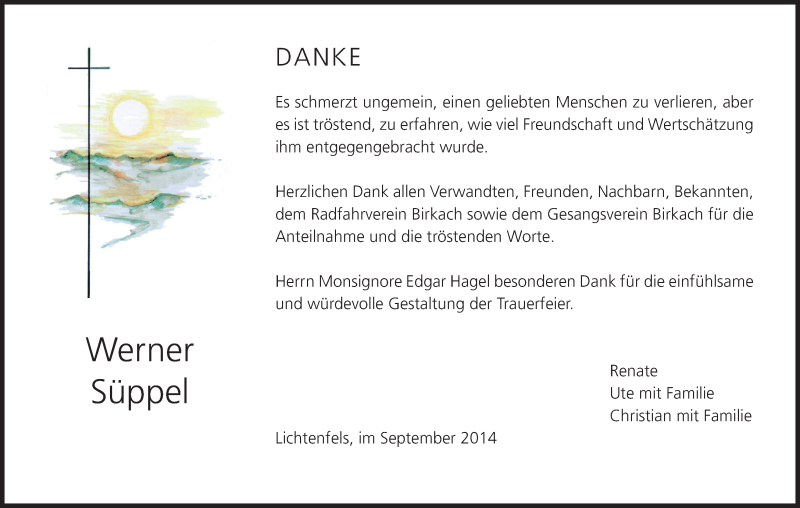  Traueranzeige für Werner Süppel vom 13.09.2014 aus MGO
