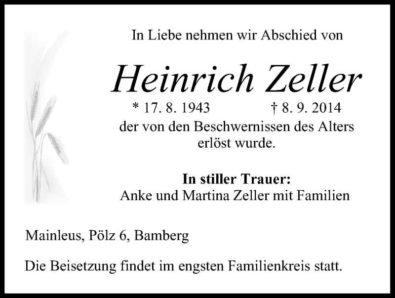  Traueranzeige für Heinrich Zeller vom 11.09.2014 aus MGO