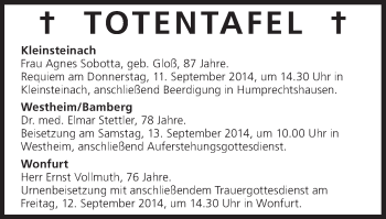 Anzeige von Totentafel vom 11.09.2014 von MGO