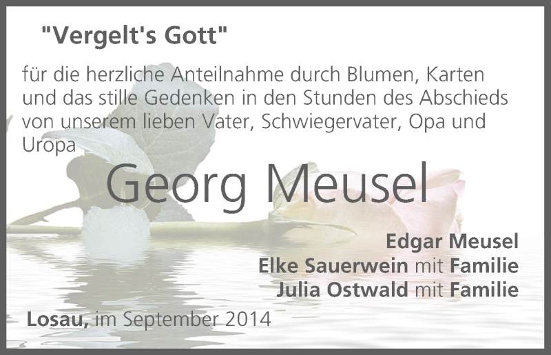 Traueranzeige für Georg Meusel vom 11.09.2014 aus MGO