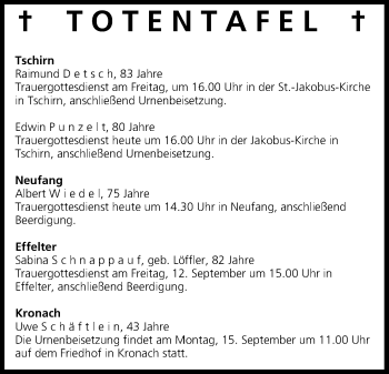 Anzeige von Totentafel vom 11.09.2014 von MGO