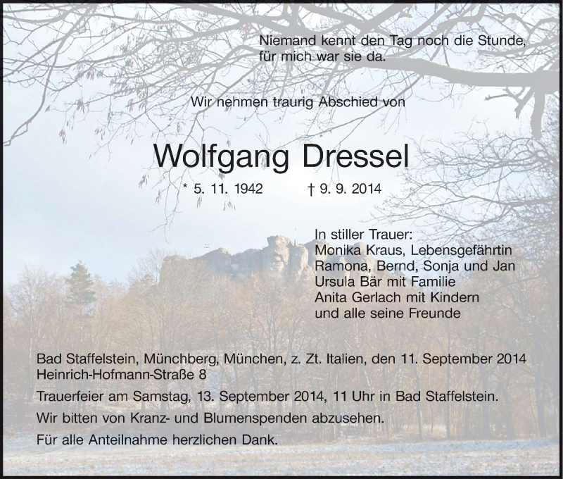  Traueranzeige für Wolfgang Dressel vom 11.09.2014 aus MGO
