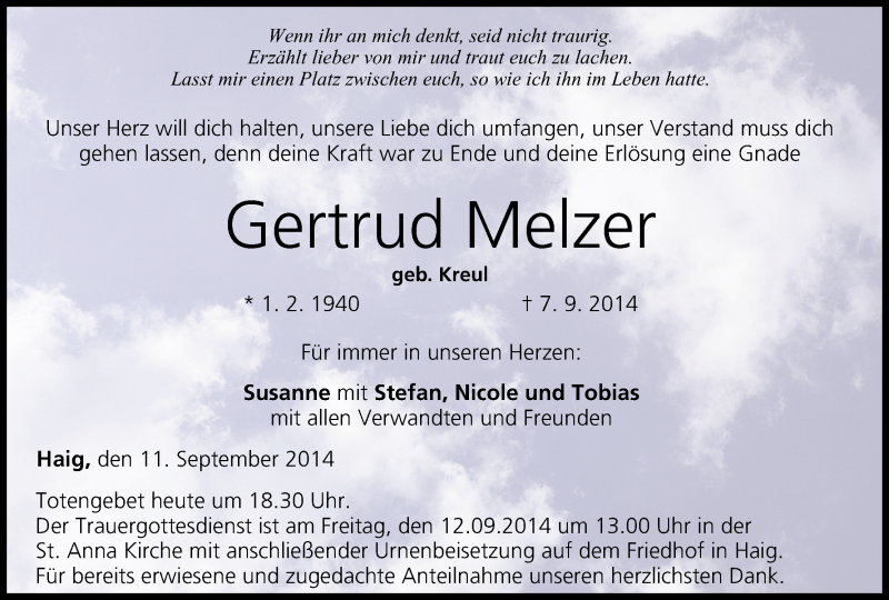  Traueranzeige für Gertrud Melzer vom 11.09.2014 aus MGO
