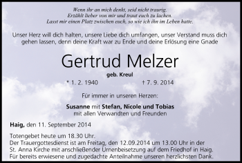 Anzeige von Gertrud Melzer von MGO