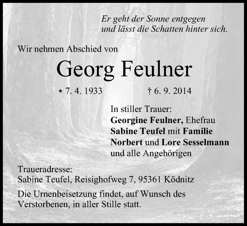  Traueranzeige für Georg Feulner vom 12.09.2014 aus MGO