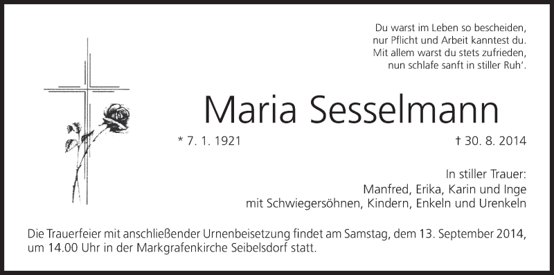  Traueranzeige für Maria Sesselmann vom 12.09.2014 aus MGO