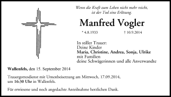 Anzeige von Manfred Vogler von MGO