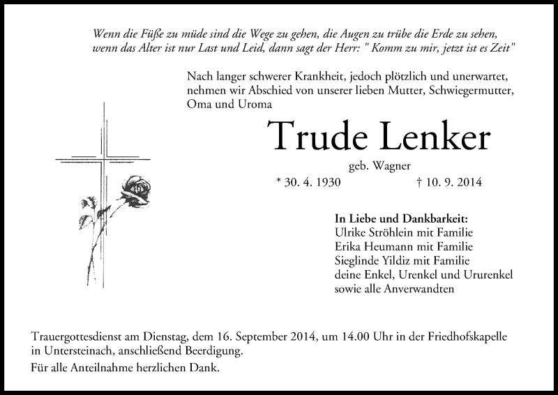  Traueranzeige für Trude Lenker vom 13.09.2014 aus MGO