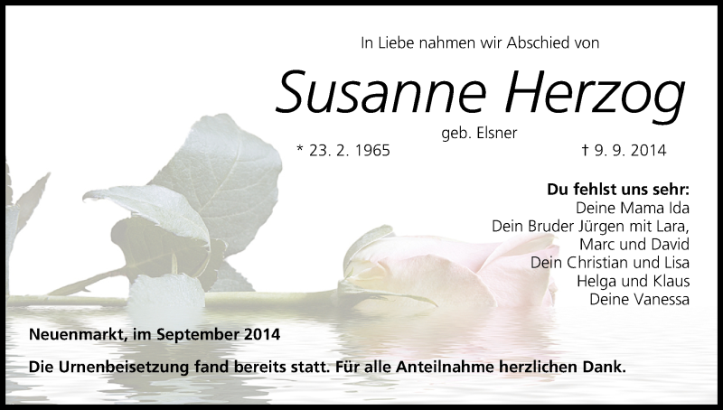  Traueranzeige für Susanne Herzog vom 19.09.2014 aus MGO