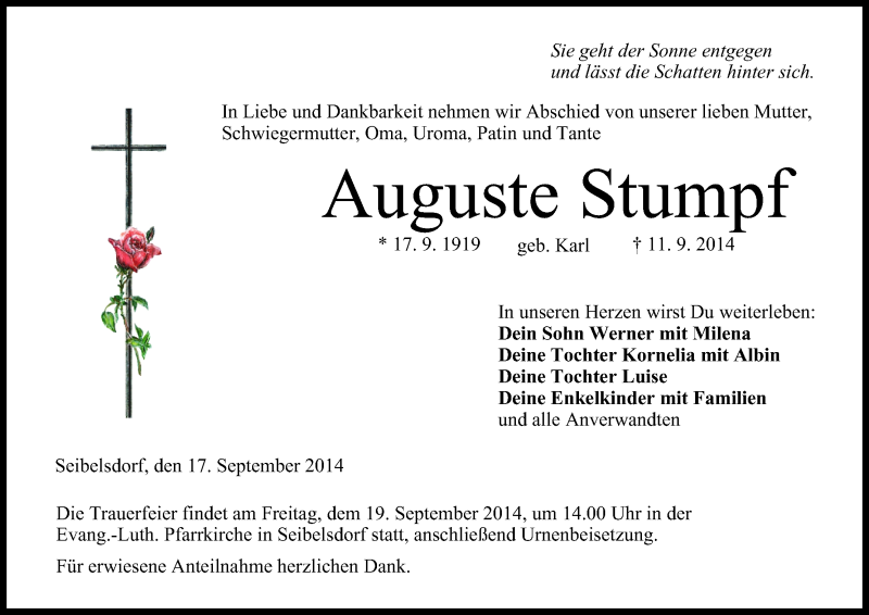  Traueranzeige für Auguste Stumpf vom 17.09.2014 aus MGO