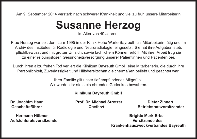  Traueranzeige für Susanne Herzog vom 19.09.2014 aus MGO