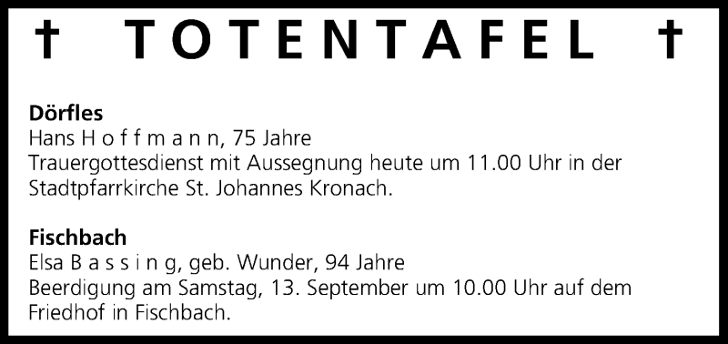  Traueranzeige für Totentafel 13.09.2014 vom 13.09.2014 aus MGO