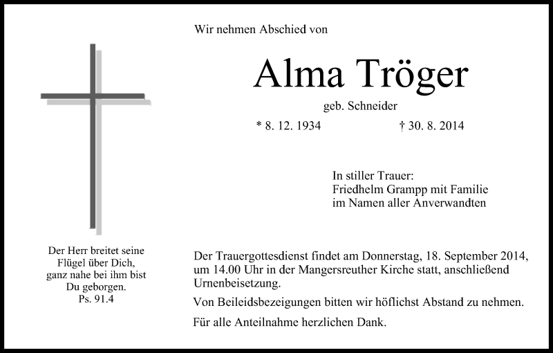  Traueranzeige für Alma Tröger vom 16.09.2014 aus MGO