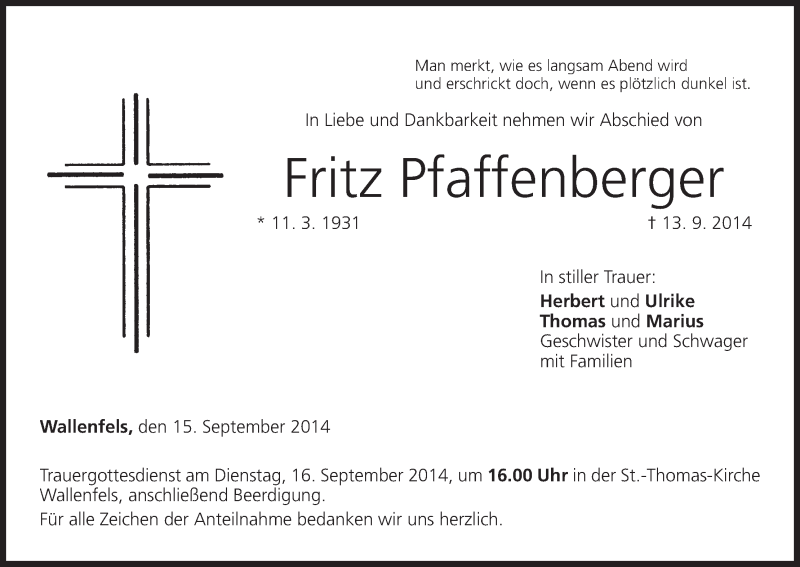 Traueranzeige für Fritz Pfaffenberger vom 15.09.2014 aus MGO