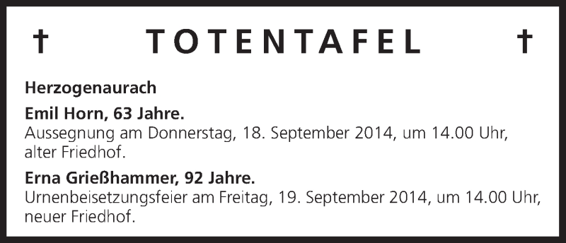  Traueranzeige für Totentafel vom 16.09.2014 vom 16.09.2014 aus MGO