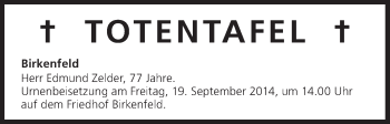 Anzeige von Totentafel vom 16.09.2014 von MGO