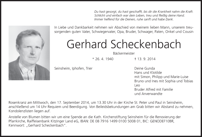  Traueranzeige für Gerhard Scheckenbach vom 16.09.2014 aus MGO