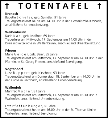 Anzeige von Totentafel vom 16.09.2014 von MGO