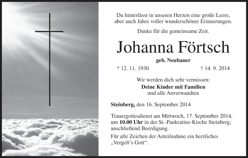  Traueranzeige für Johanna Förtsch vom 16.09.2014 aus MGO