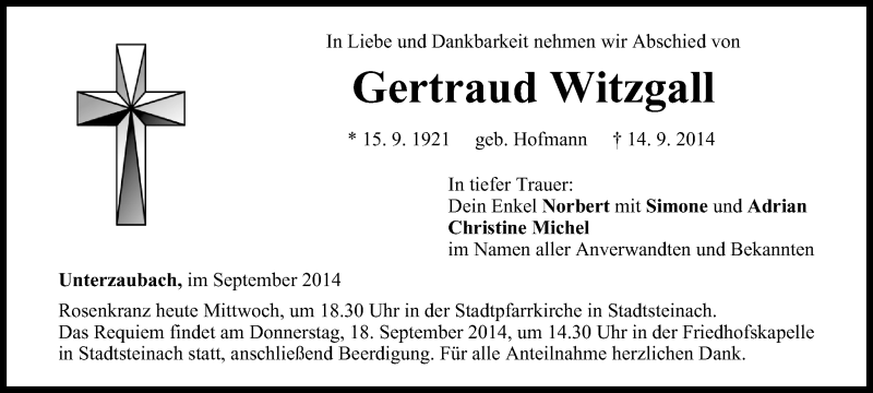  Traueranzeige für Gertraud Witzgall vom 17.09.2014 aus MGO