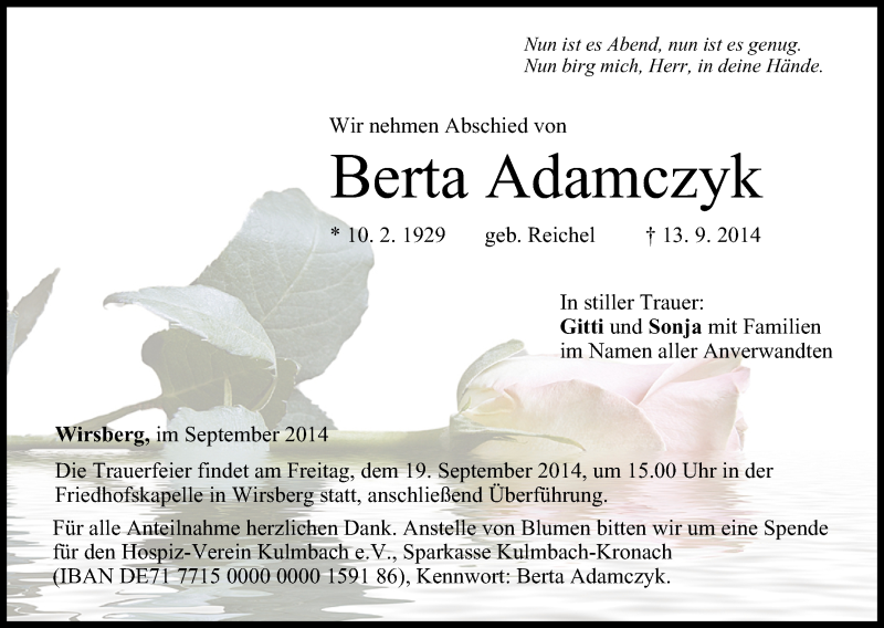  Traueranzeige für Berta Adamczyk vom 17.09.2014 aus MGO