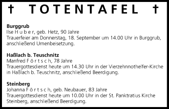 Anzeige von Totentafel vom 17.09.2014 von MGO
