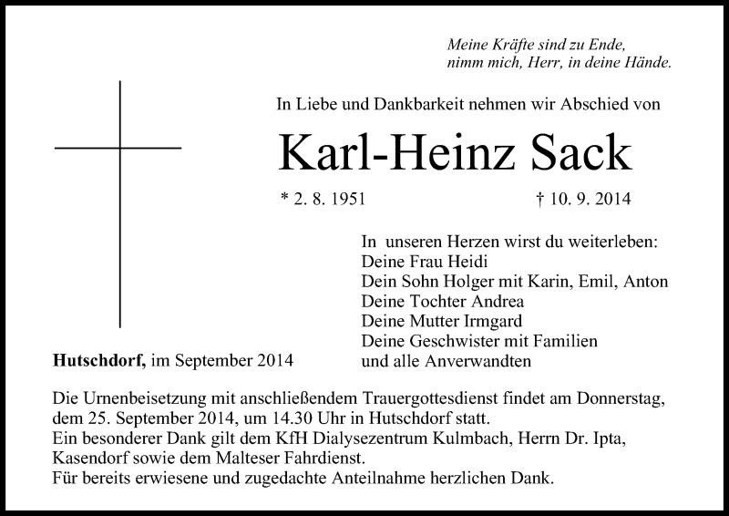  Traueranzeige für Karl-Heinz Sack vom 20.09.2014 aus MGO