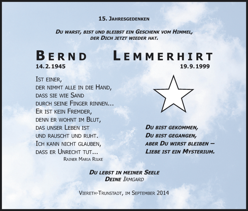  Traueranzeige für Bernd Lemmerhirt vom 20.09.2014 aus MGO